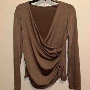 Elegant Brown Drape Front Long Sleeve Top
